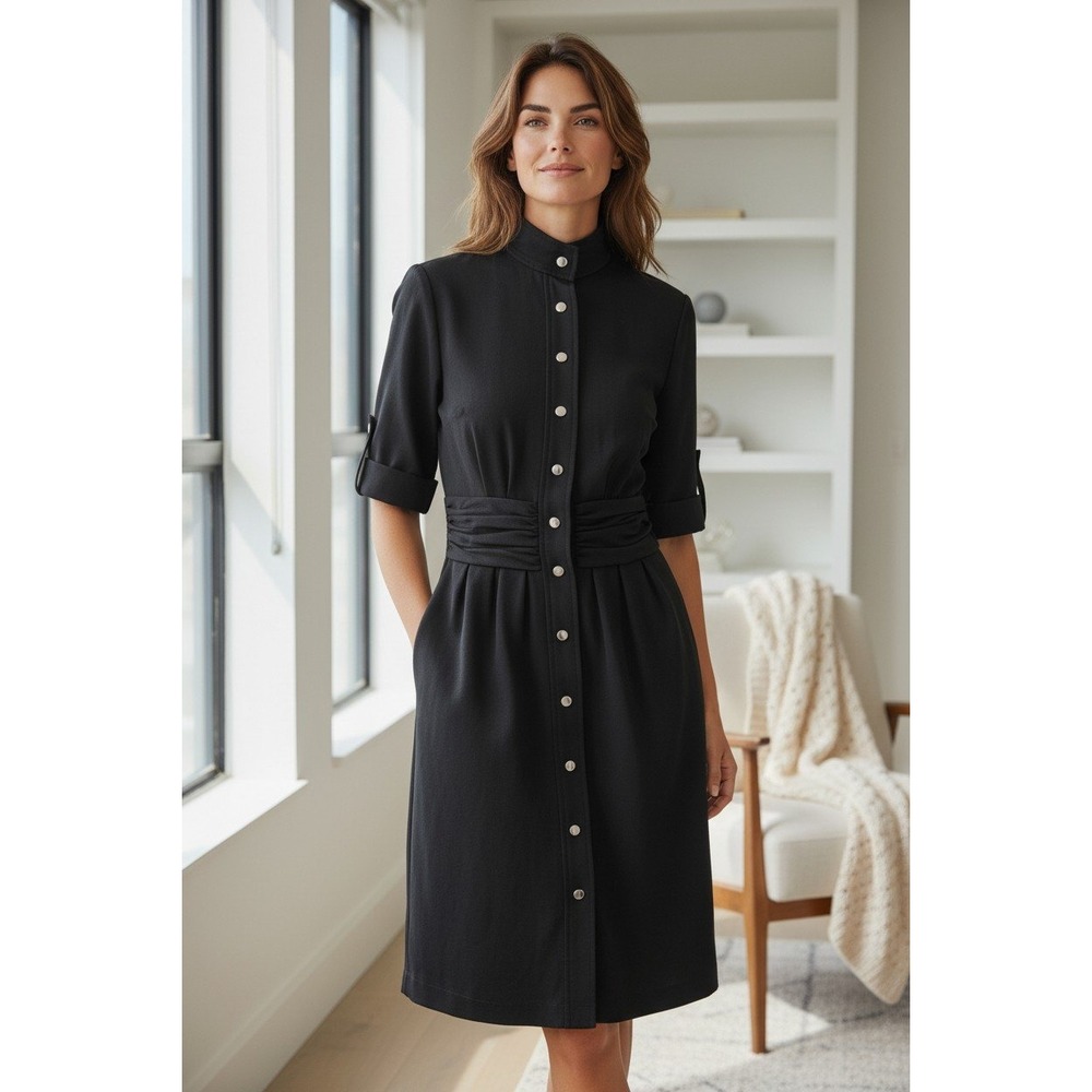 Calvin Klein Sheath Dress Womens Black Mock Neck Snap Front Ruched Waist Size S